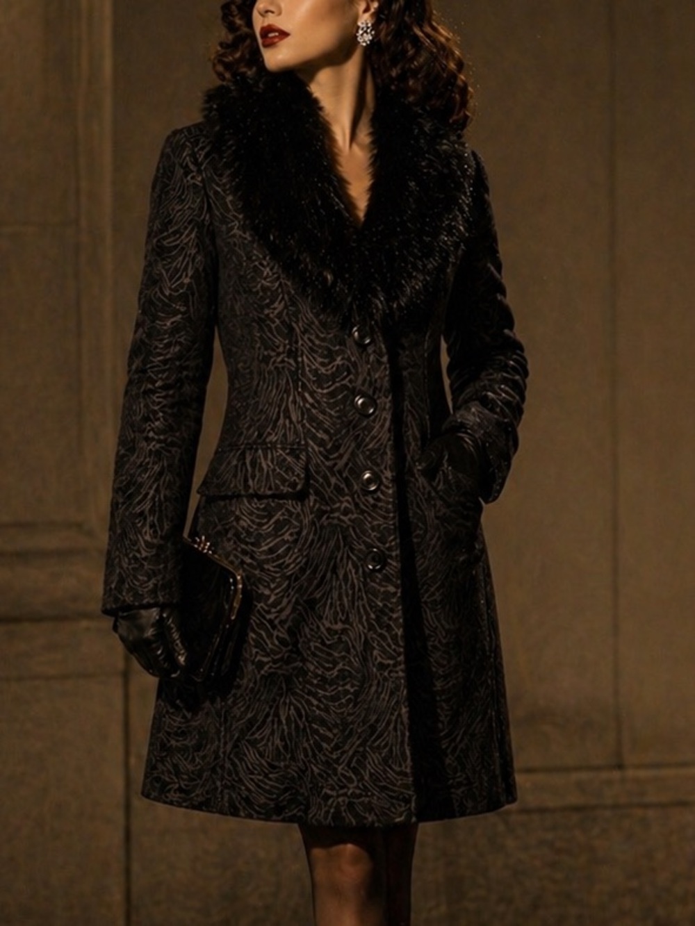 Dressbarn Black Textured Coat w/ Faux Fur Collar | Elegant Winter Jacket Size S